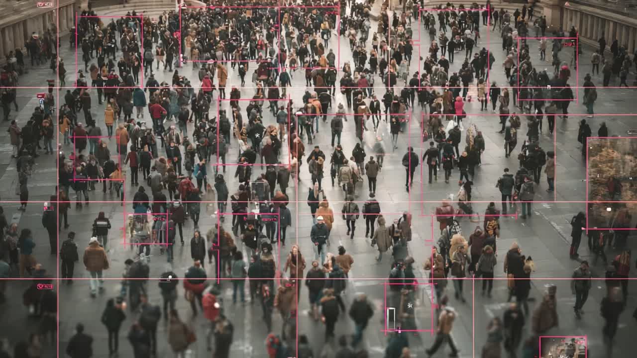 Aerial View of Crowded Urban Space with Digital Overlay Analyzing Pedestrian Movement and Behavior in a Busy Public Area