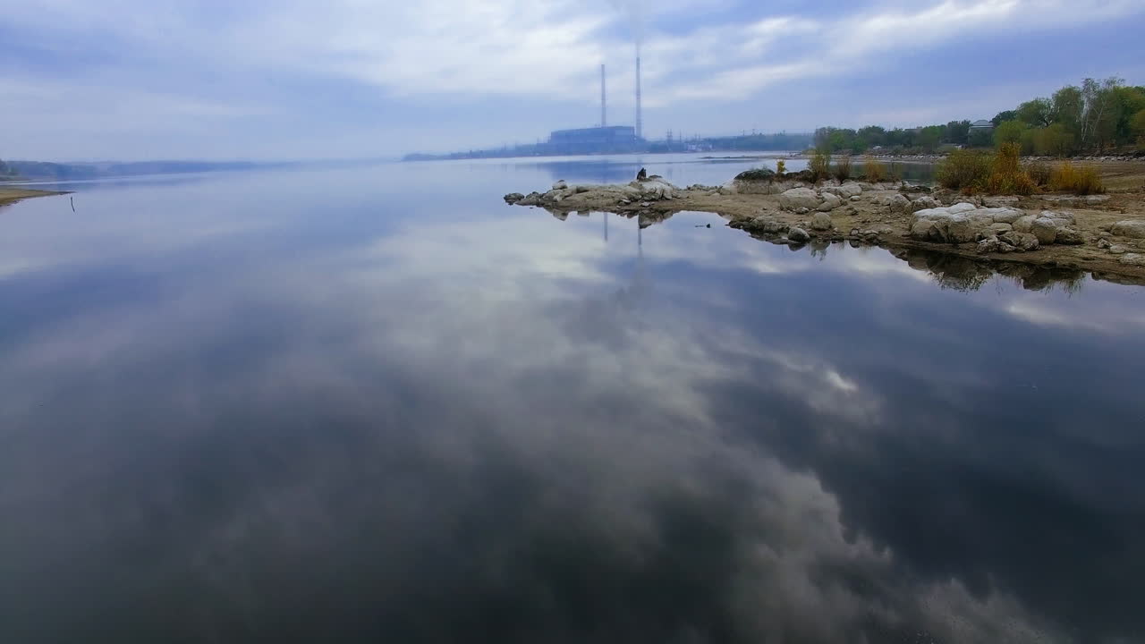River Landscape with Power Plant and Reflections