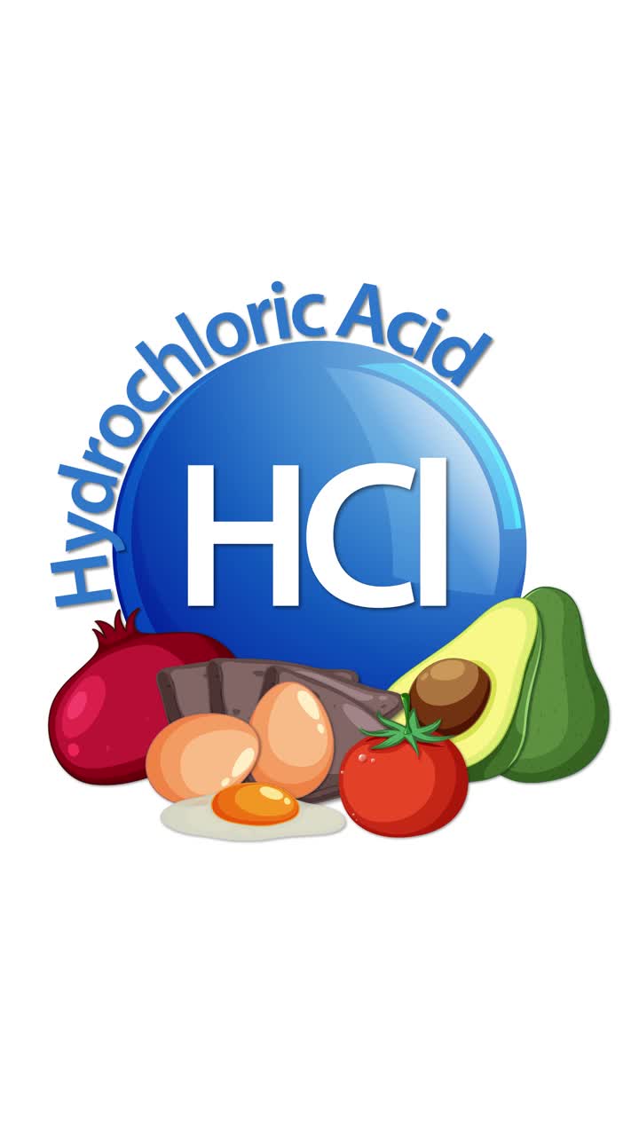 Un'icona blu di acido cloridrico (HCl) è gradualmente circondata da alimenti sani illustrati come avocado, barbabietola, uova e pomodoro, con transizioni fluide e pulite e uno stile luminoso e clinico.