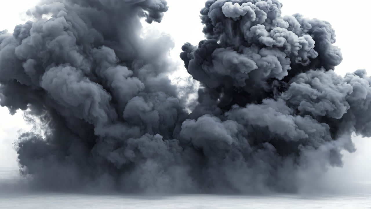 A large cloud of smoke is billowing into the sky. The smoke is dark and ominous, creating a sense of danger and foreboding. The scene is set against a white background