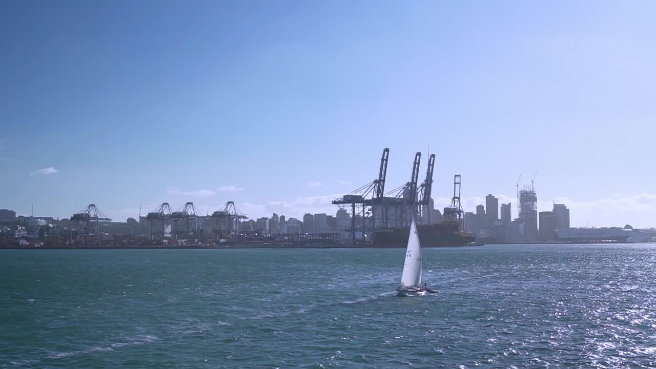 slowmo - 뉴질랜드 오클랜드 항구를 배경으로 지나가는 작은 범선