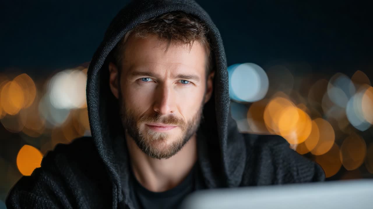 Persona concentrata con felpa con cappuccio che utilizza dispositivi tecnologici sullo sfondo di un paesaggio notturno urbano, evocando profonda concentrazione e appagamento