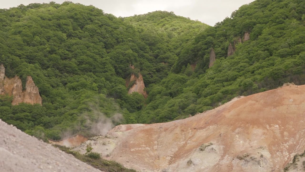 Hutan Lebat dengan Lubang Uap Panas di Noboribetsu Jigokudani (Lembah Neraka) di Hokkaido, Jepang. Bidikan Lebar.