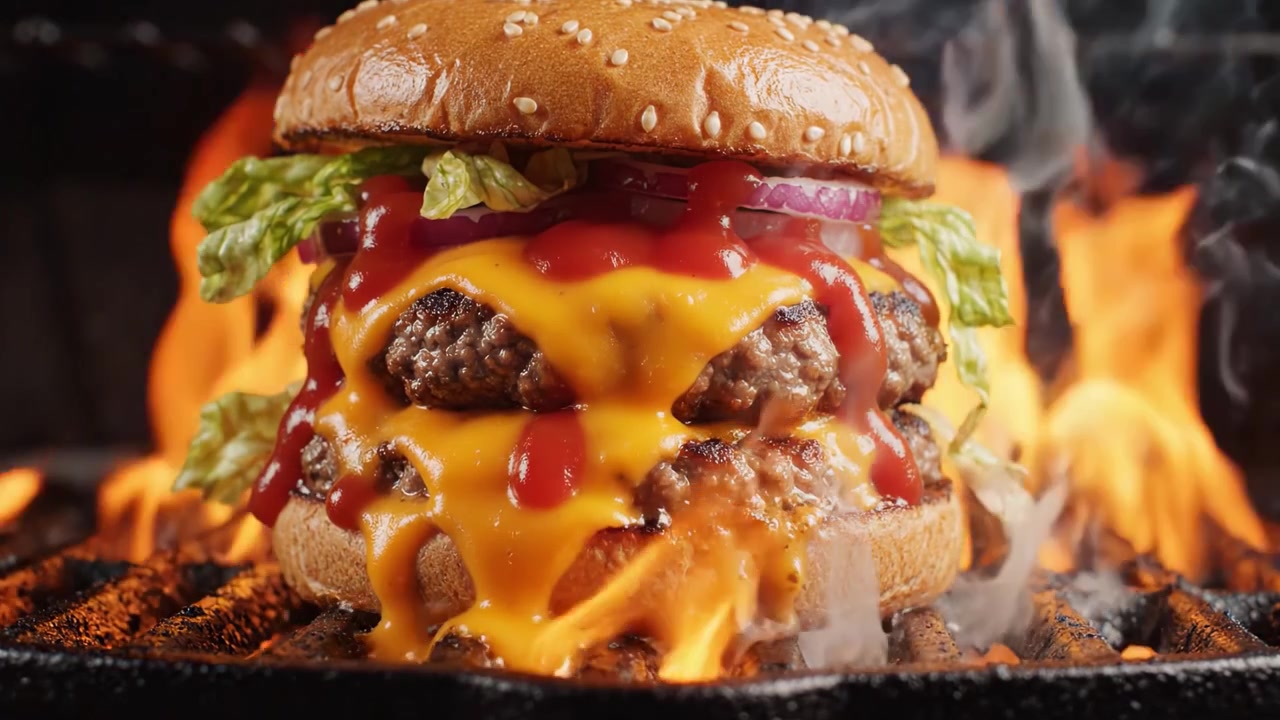 Succulento doppio cheeseburger con formaggio fuso, lattuga fresca e ketchup saporito che arrostisce su una griglia ardente, catturando l'essenza dei deliziosi momenti di barbecue in giardino.