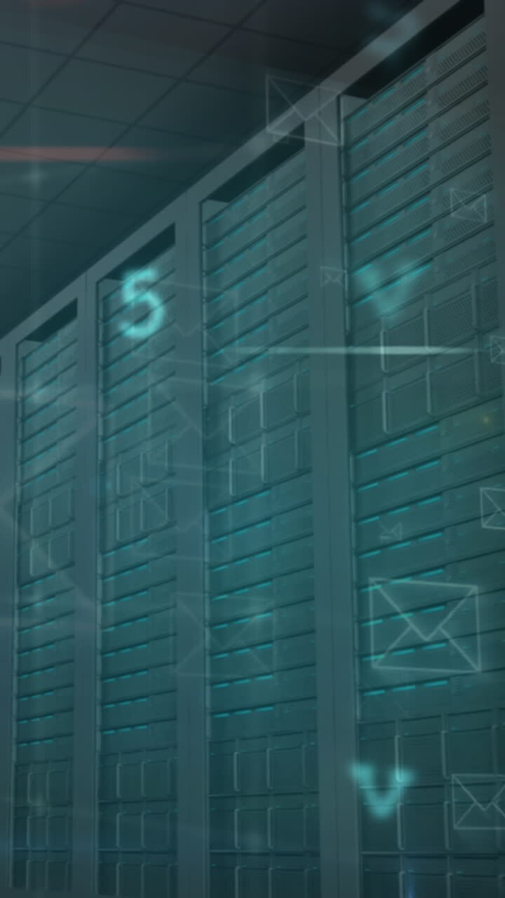 Animation of cyber attack warning and envelope icons over server room