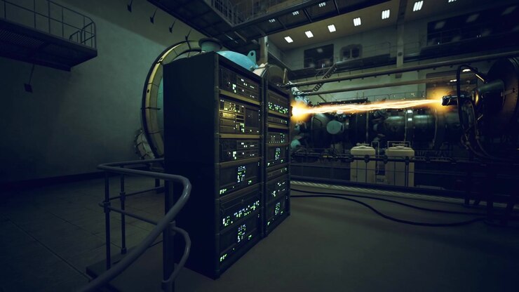Industrial power control area featuring thick cables and textured walls