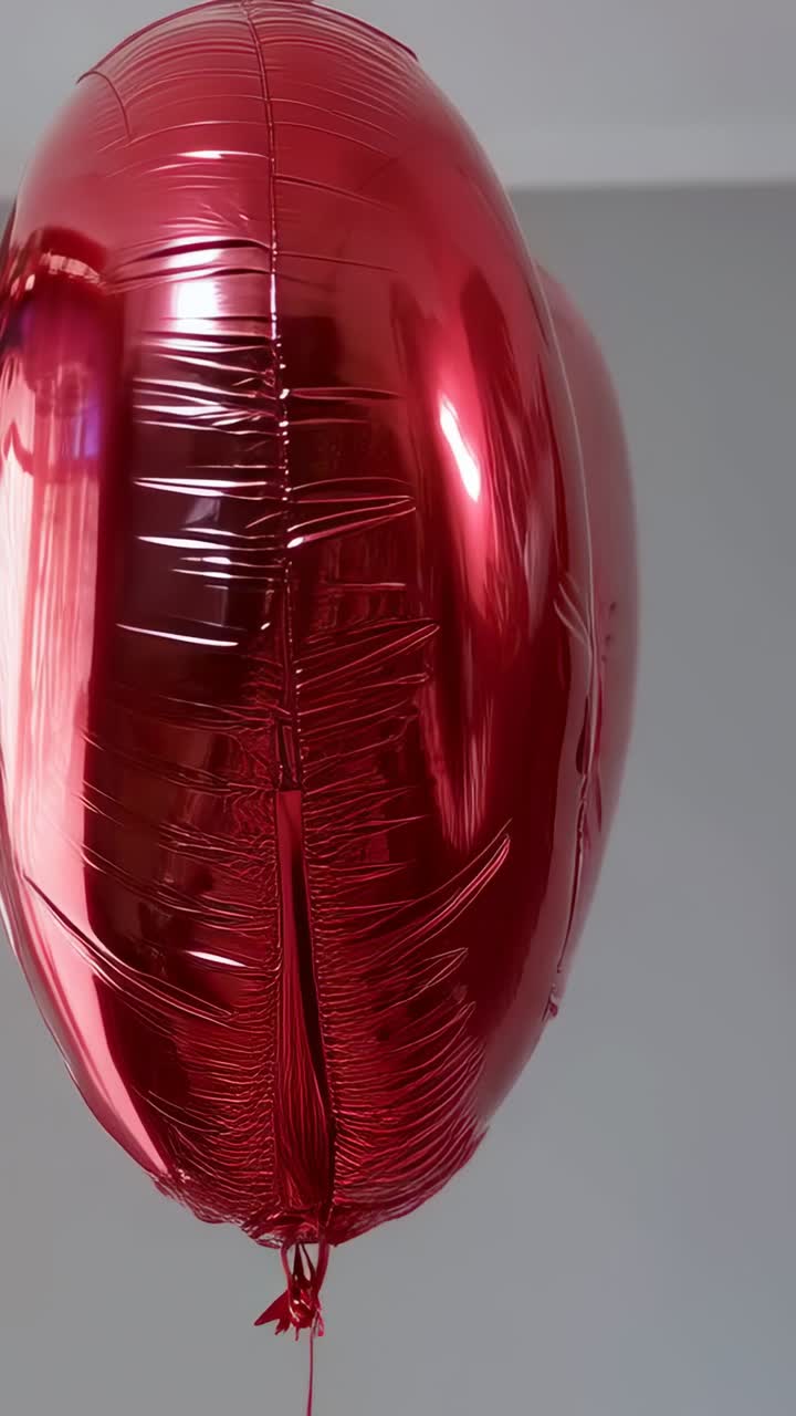 Video verticale: movimento della camera, palloncino a forma di cuore in carta stagnola rossa con nastro che ruota nella stanza, mostrando la lucentezza