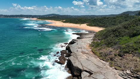 Wamberal-Beach's-Rugged-Beauty:-A-Sky-High-View-of-Spoon-Bay's-Rocky-Coastline,-Central-Coast,-New-South-Wales