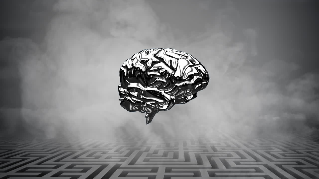 animación del cerebro digital sobre el laberinto y las nubes