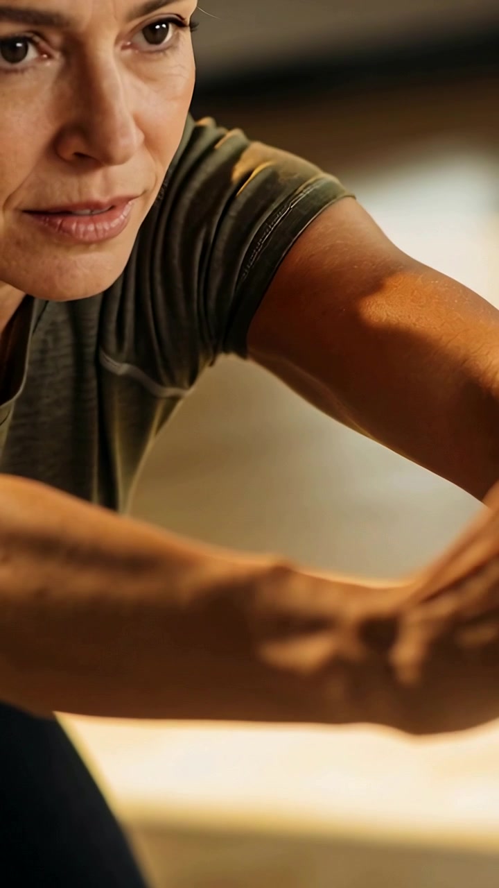 Vertical video: Inhaling woman extending forearms, reaching on mat for stretching in green shirt