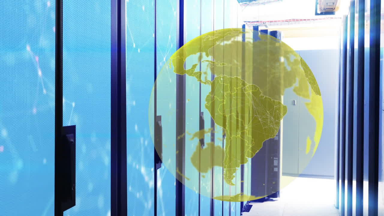 현대 데이터 센터의 데이터 서버에 대한 노란색 지구 애니메이션