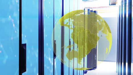 yellow globe animation over data servers in modern data center