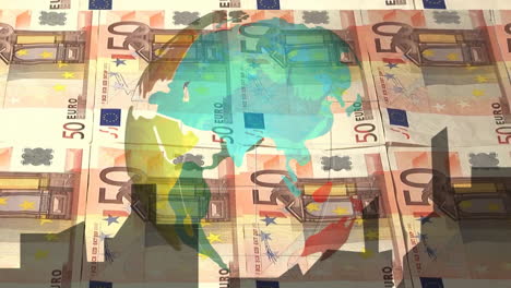 animating world map over stacked euro banknotes, showcasing global economy