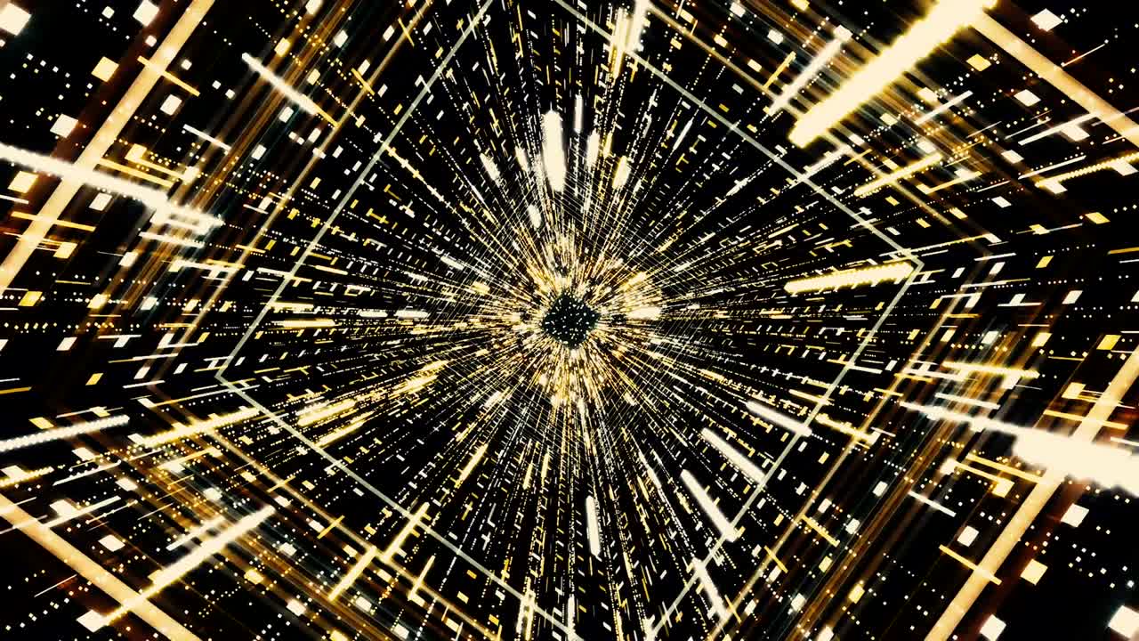 Moving through the abstract golden neon outer space tunnel, seamless loop. Animation. 3D flight inside time machine with the speed of light and stars