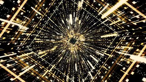 moving through the abstract golden neon outer space tunnel, seamless loop. animation. 3d flight inside time machine with the speed of light and stars