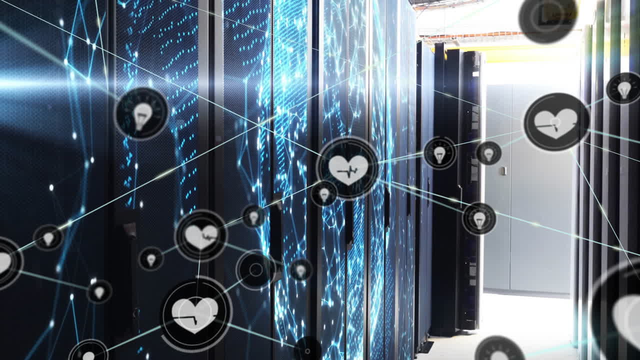 animación de la red de conexiones con iconos de corazón y procesamiento de datos a través de servidores informáticos