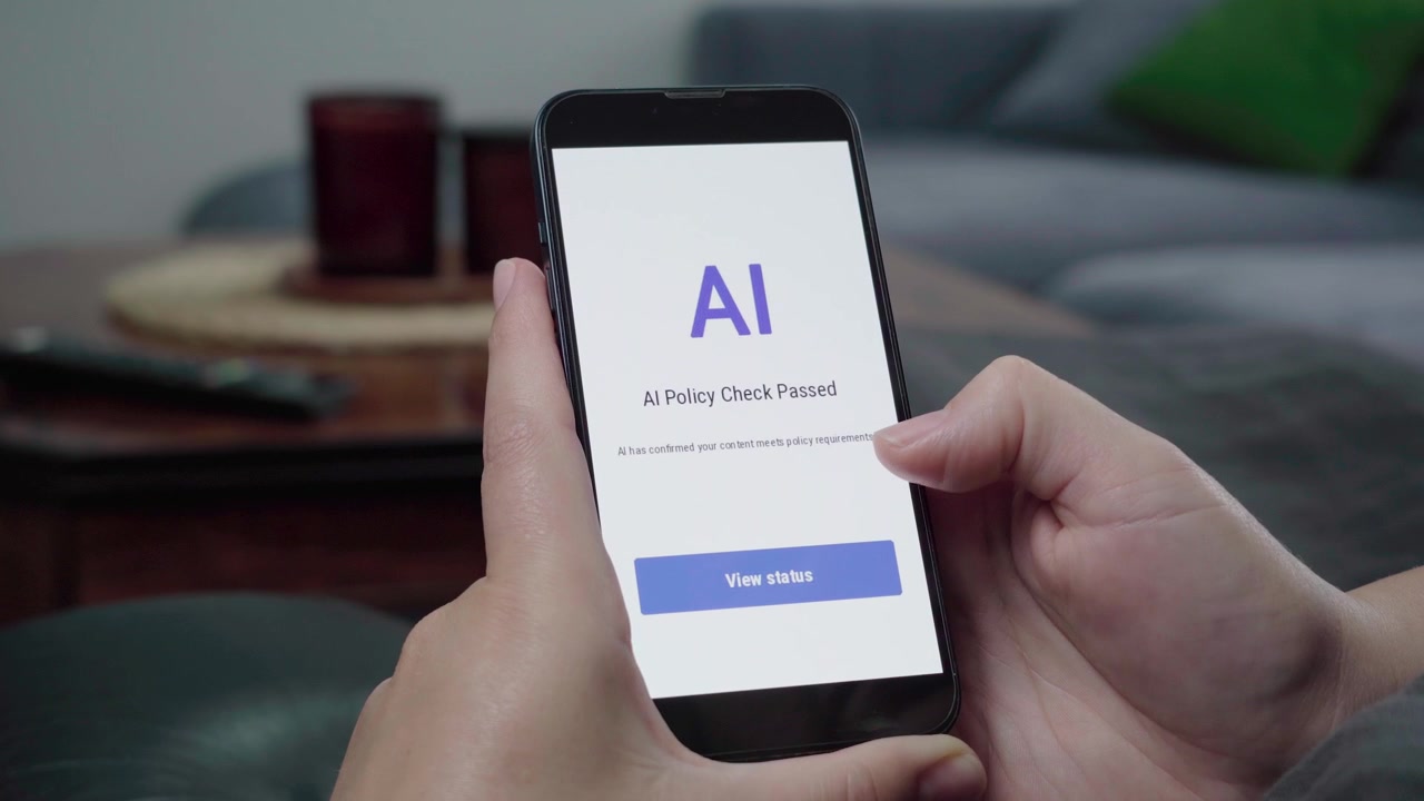 Mani tengono un telefono che mostra una conferma di "Controllo Politica AI Superato" con un'azione "Visualizza stato" blu in un soggiorno informale