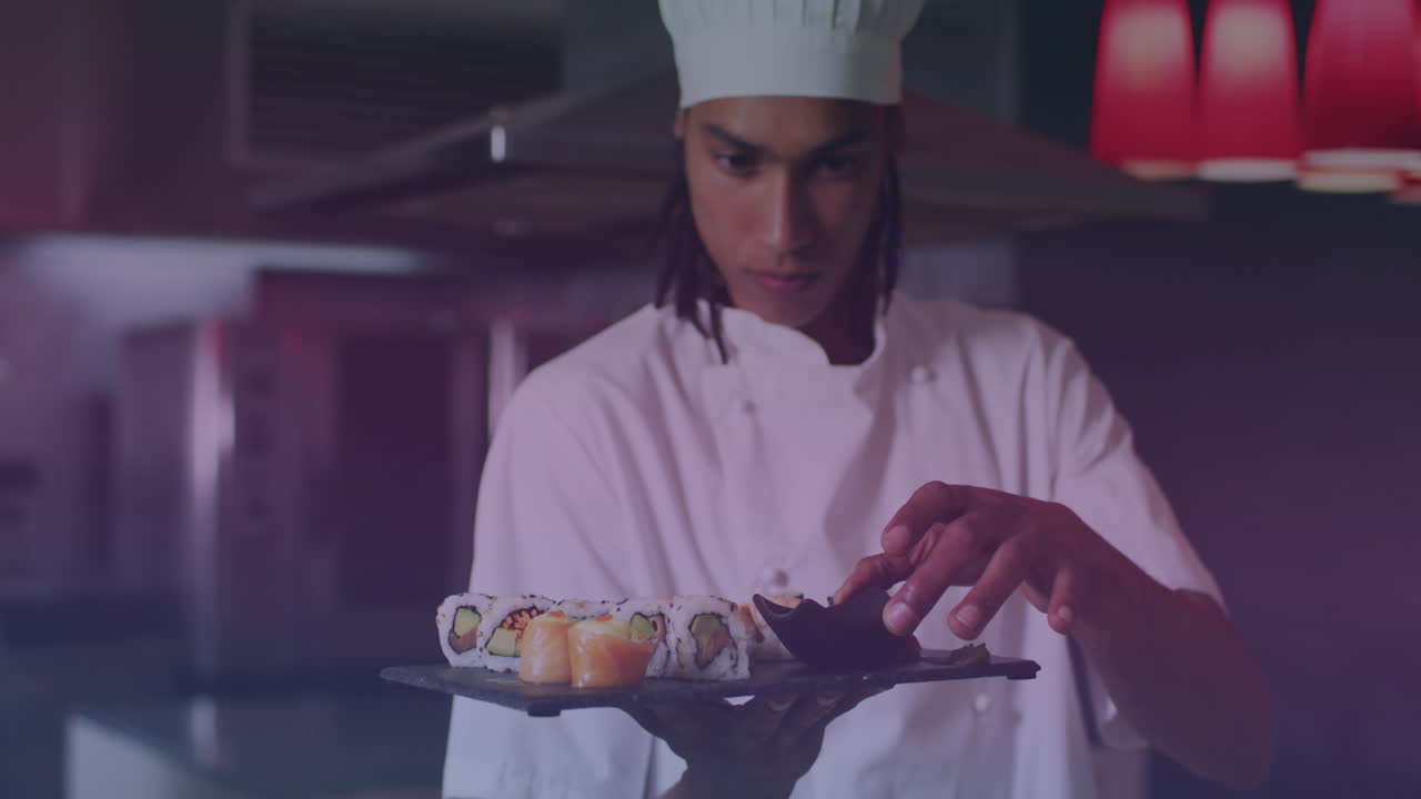 animación de un chef biracial preparando sushi