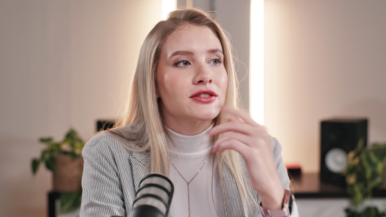 Podcast recording with a blonde businesswoman