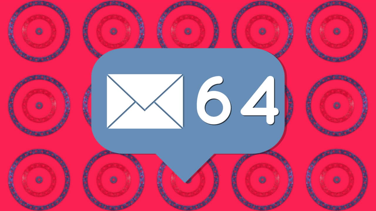 Message icon with increasing numbers against stars on multiple spinning circles on red background