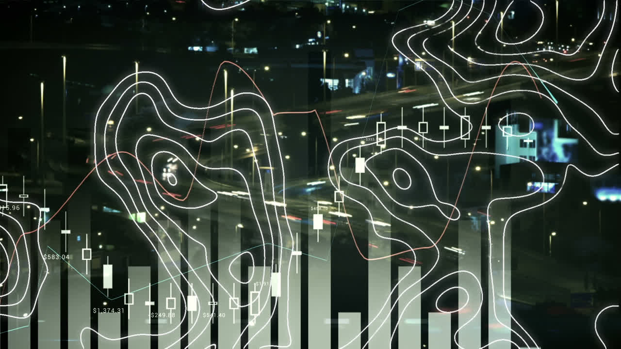 Animation of topographical chart moving over data processing on graph and city road at night