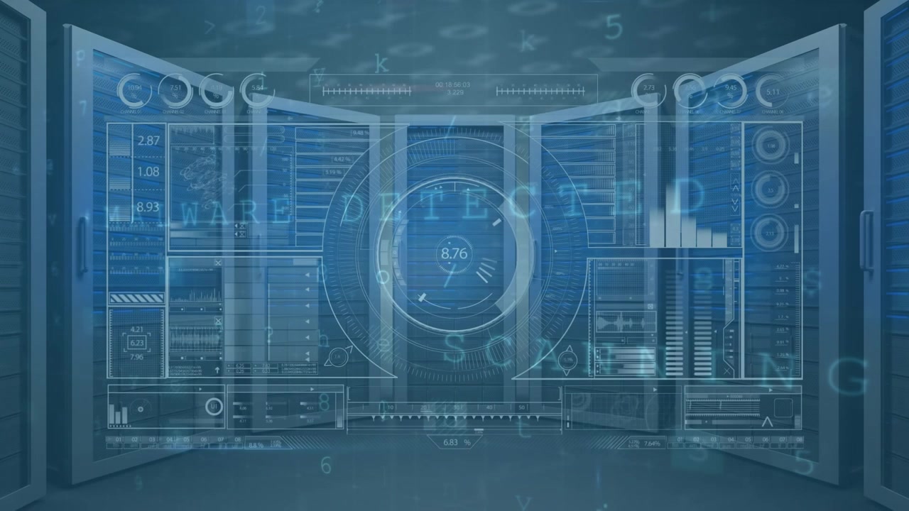 Low readout initiating diagnostic, circular hologram pulsing, numbers shifting across open racks
