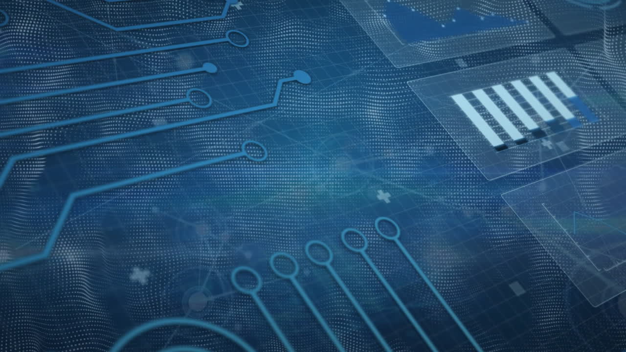 Animation of computer circuit board and data processing over screens on dark background