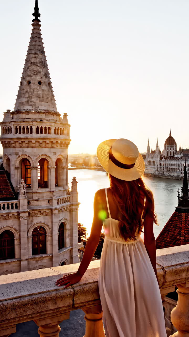Mulher de chapéu apreciando a vista do pôr do sol da cidade de Budapeste de uma varanda