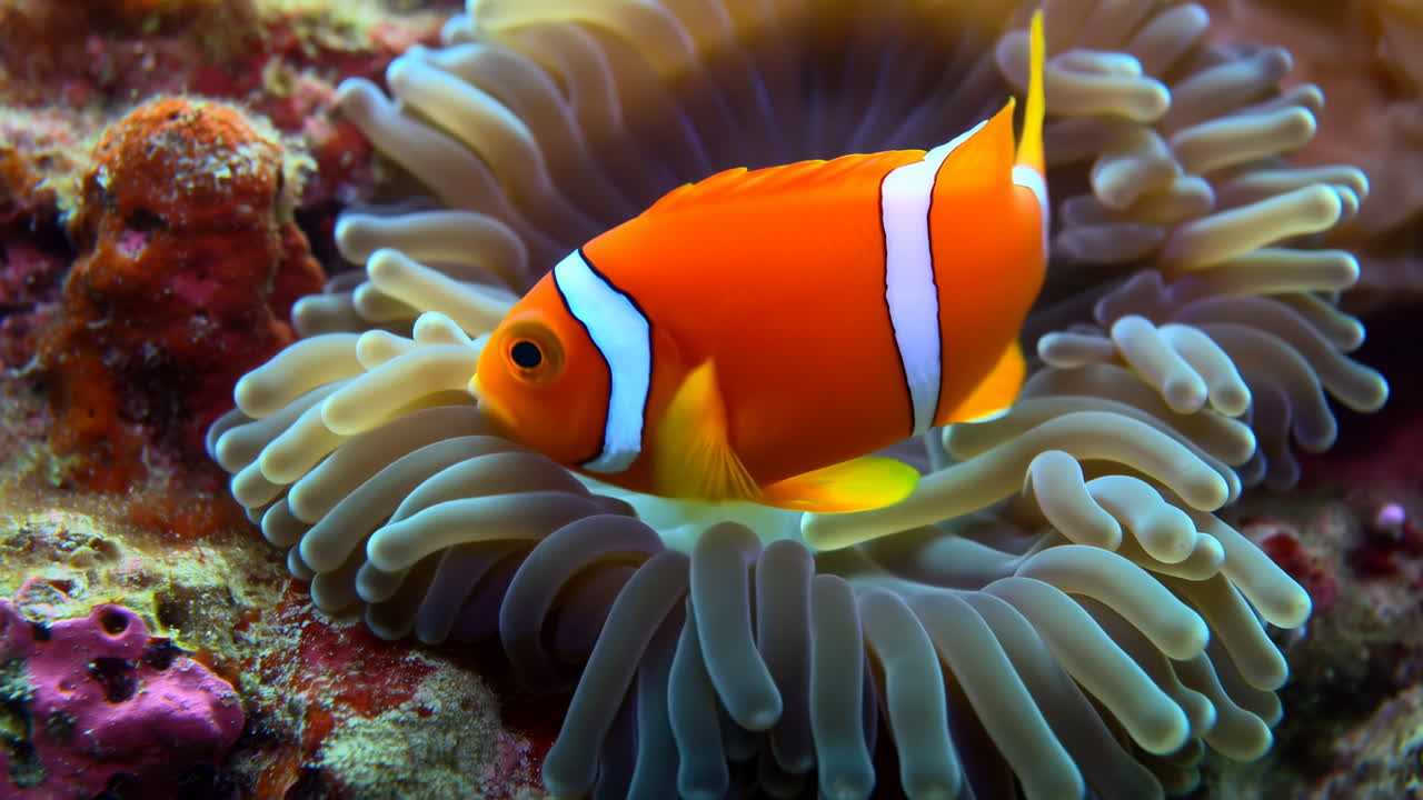 Primo piano di un vivace pesce pagliaccio arancione in un anemone, che sfreccia tra i tentacoli traslucidi sopra una colorata barriera corallina.