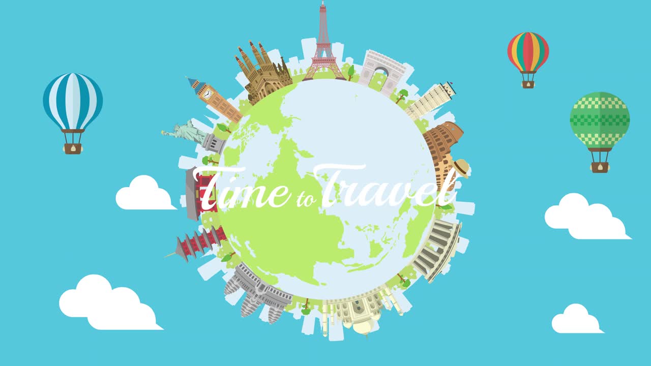 여행, 휴가, 관광 애니메이션 배너 (4k) 세계 유산 및 세계 유명 건물.