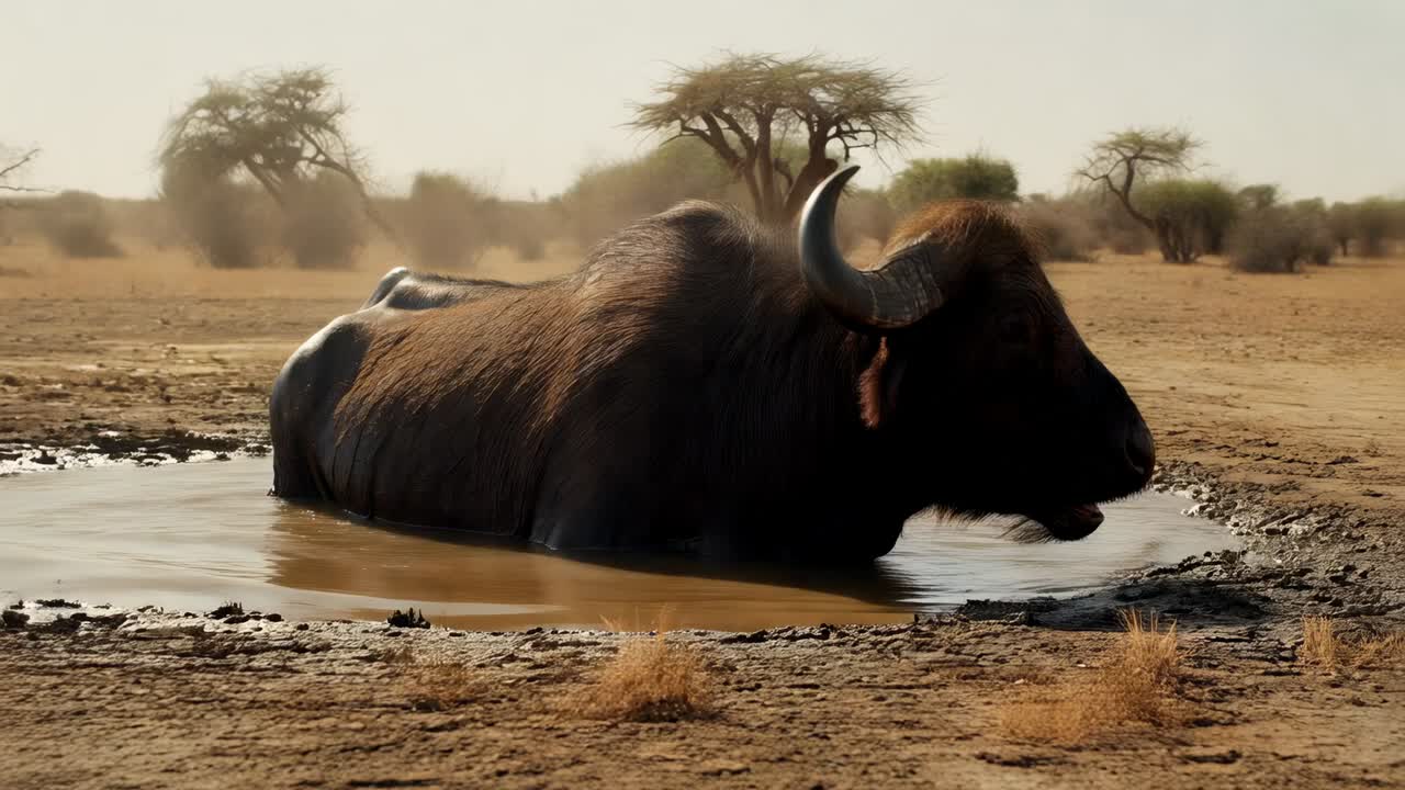 Sensing dust haze, solitary African buffalo raising head and opening mouth in muddy pool, sunlight