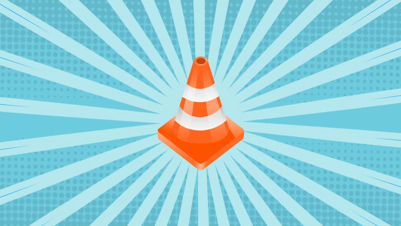 animación de un cono de carretera sobre un fondo azul