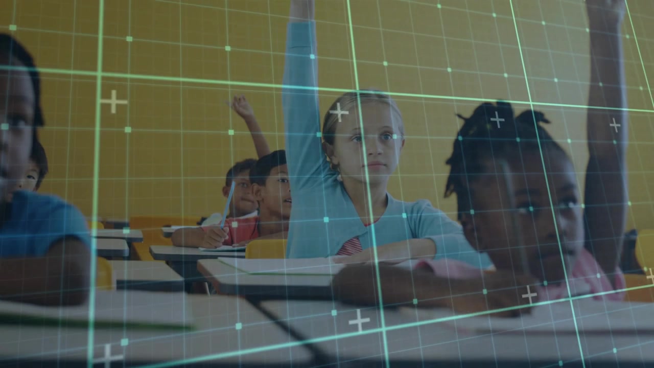 Front-row students raising hands after off-camera prompt in education classroom, green grid overlay