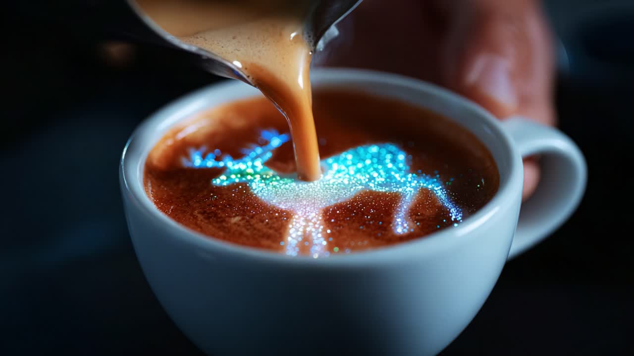 A Magical Coffee Experience: Artistic Foam Layer with a Glittering Deer Design Captured in a Cup — Elevate Your Coffee Moments with ChatGPT's Unique Lattes and Skillful Creations