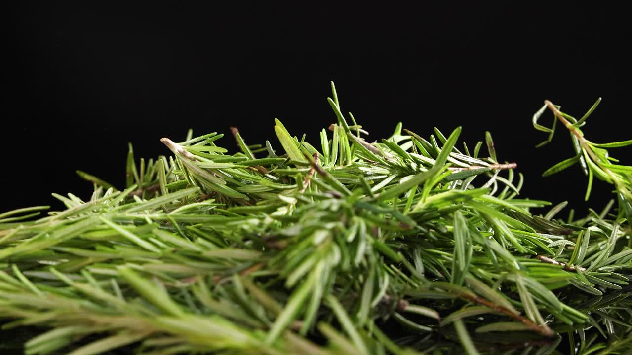 Rosemary sprigs drop onto a black surface, creating a lush, aromatic pile. Captured in high contrast lighting