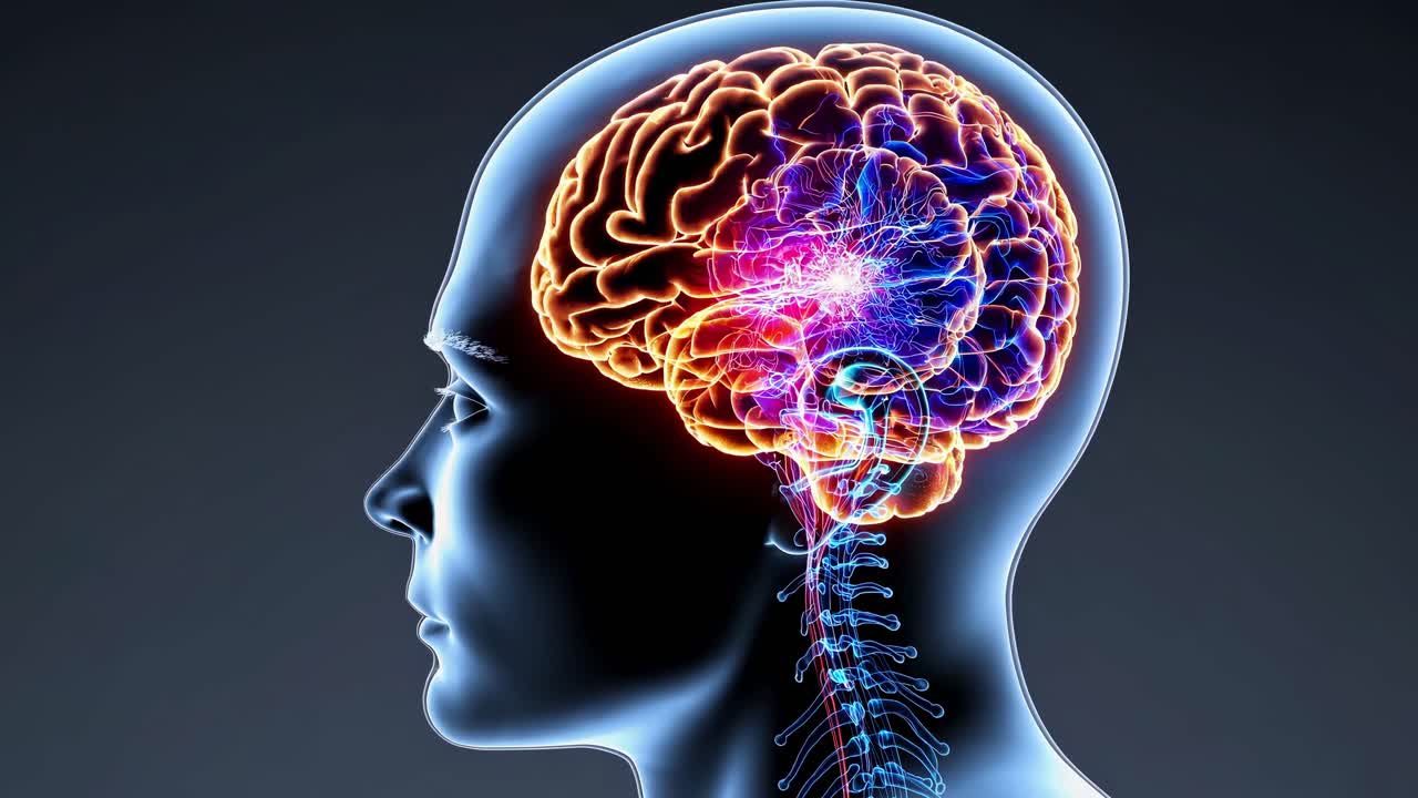 Side view of a human head with a glowing brain and nervous system, illustrating neural activity