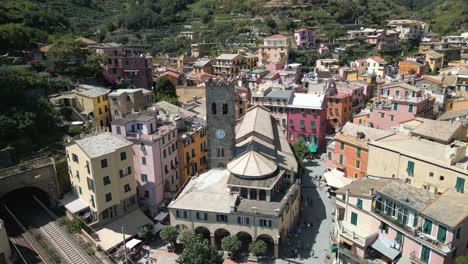 aerial drone shot above monterosso, small town in cinque terre, italy