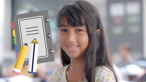 smiling girl in classroom with notebook and pencils animation over her