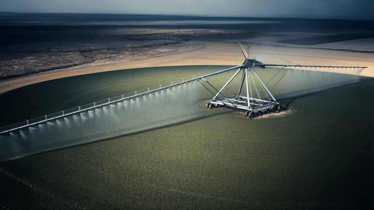 Aerial view of a center-pivot irrigation system watering a circular crop field