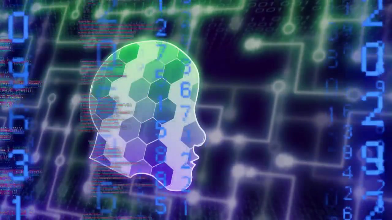 On code scrolling, 3D head pulsing, hex tiles lighting, numerals flowing, showing data processing