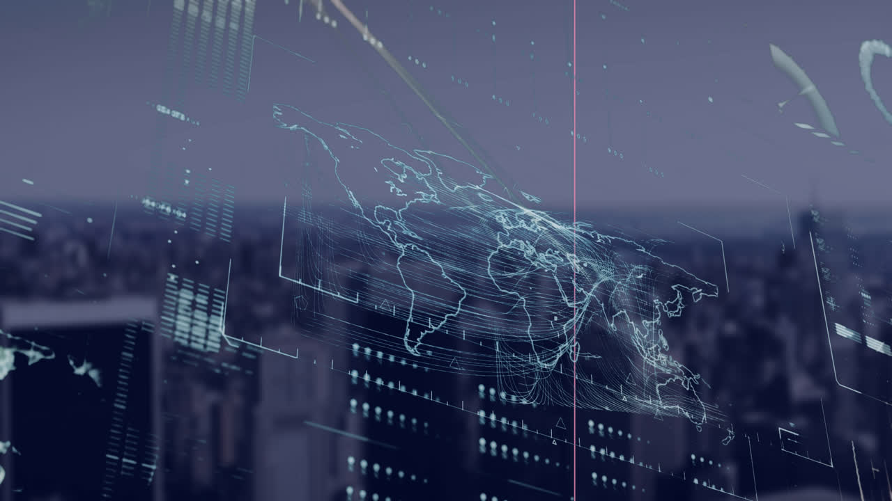 세계 지도의 애니메이션, 데이터와 도시 풍경을 가진 디지털 스크린
