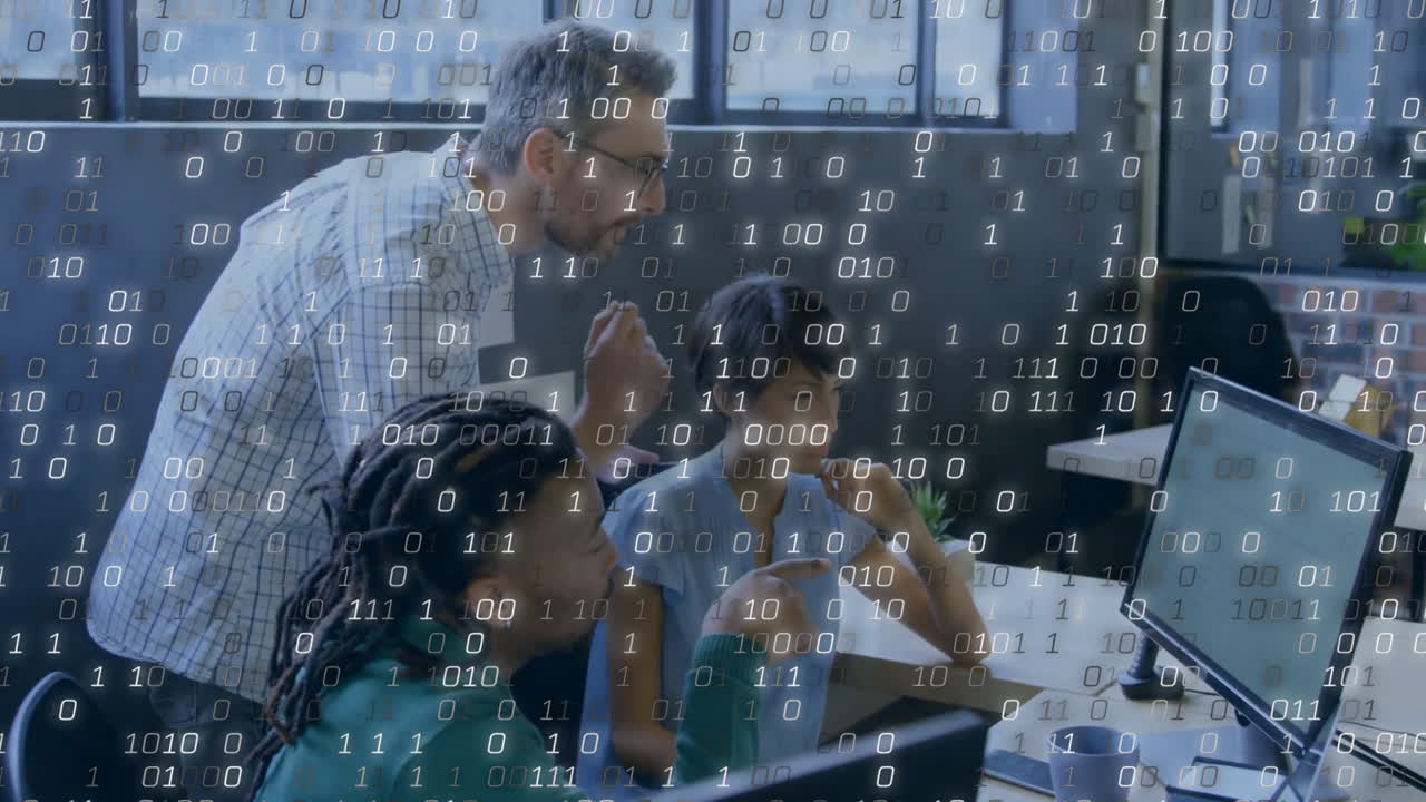Animation of binary coding data processing over diverse business people in office