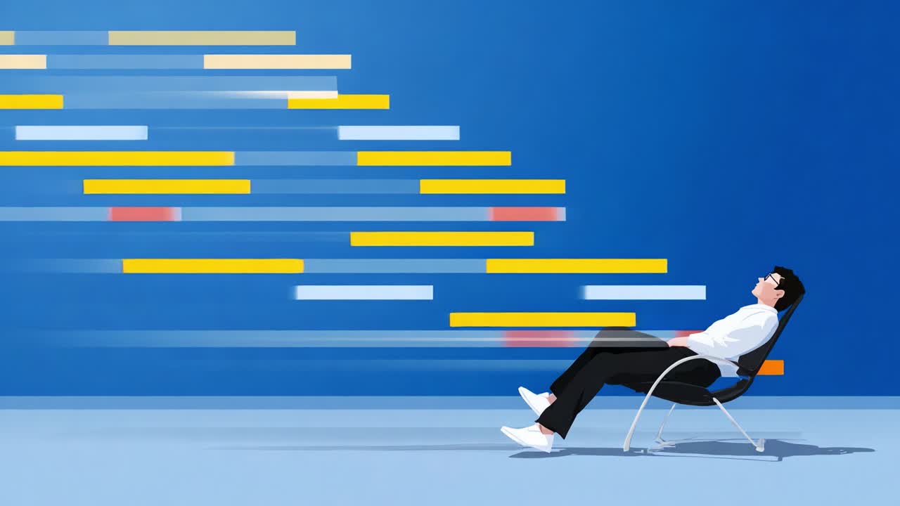 A person sitting comfortably in a chair, gazing upwards, surrounded by vibrant bars representing growth or progress, set against a calming blue backdrop, illustrating relaxation and ambition