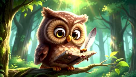 an enchanting owl engaged in reading a book, surrounded by nature's beauty in a lush forest, capturing the essence of wisdom and imagination