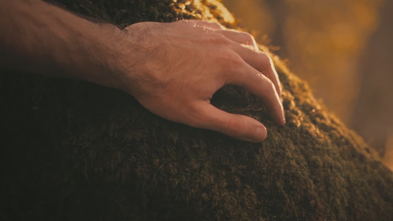 Man touches mossy tree in golden forest