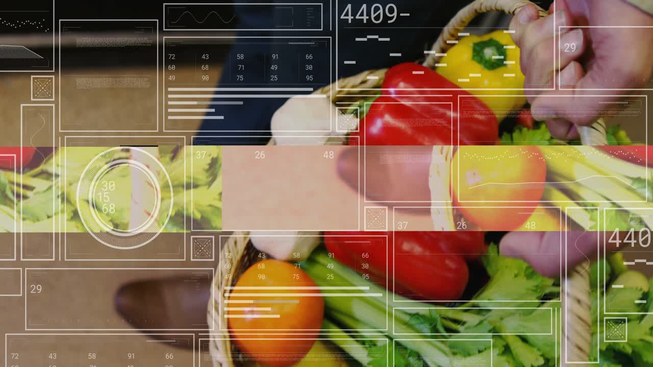 Man shifting grip while walking, HUD tracking produce motion and keeping groceries stable