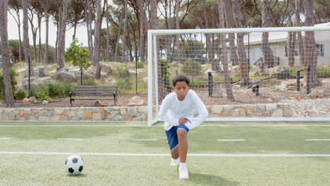 young boy kneeling on soccer field, preparing for game near goalpost, copy space