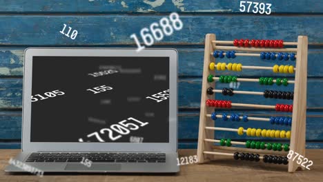 Animation-of-numbers-changing-over-laptop-and-abacus-on-wooden-background