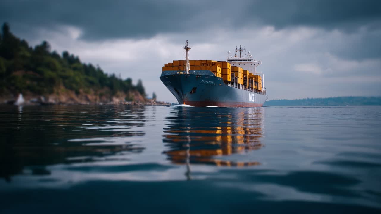 Large cargo ship navigating through calm waters under a cloudy sky, showcasing its colorful containers and impressive size against the natural landscape