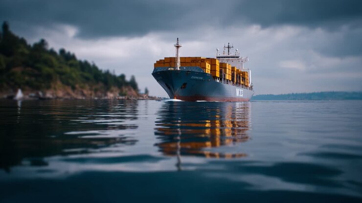 Large cargo ship navigating through calm waters under a cloudy sky, showcasing its colorful containers and impressive size against the natural landscape